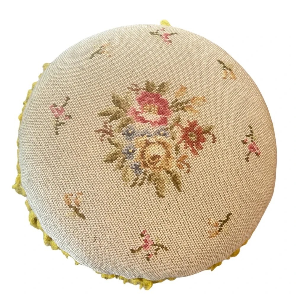 Antique Round Tan Floral Tapestry‎ Needlepoint wood Footstool Stool